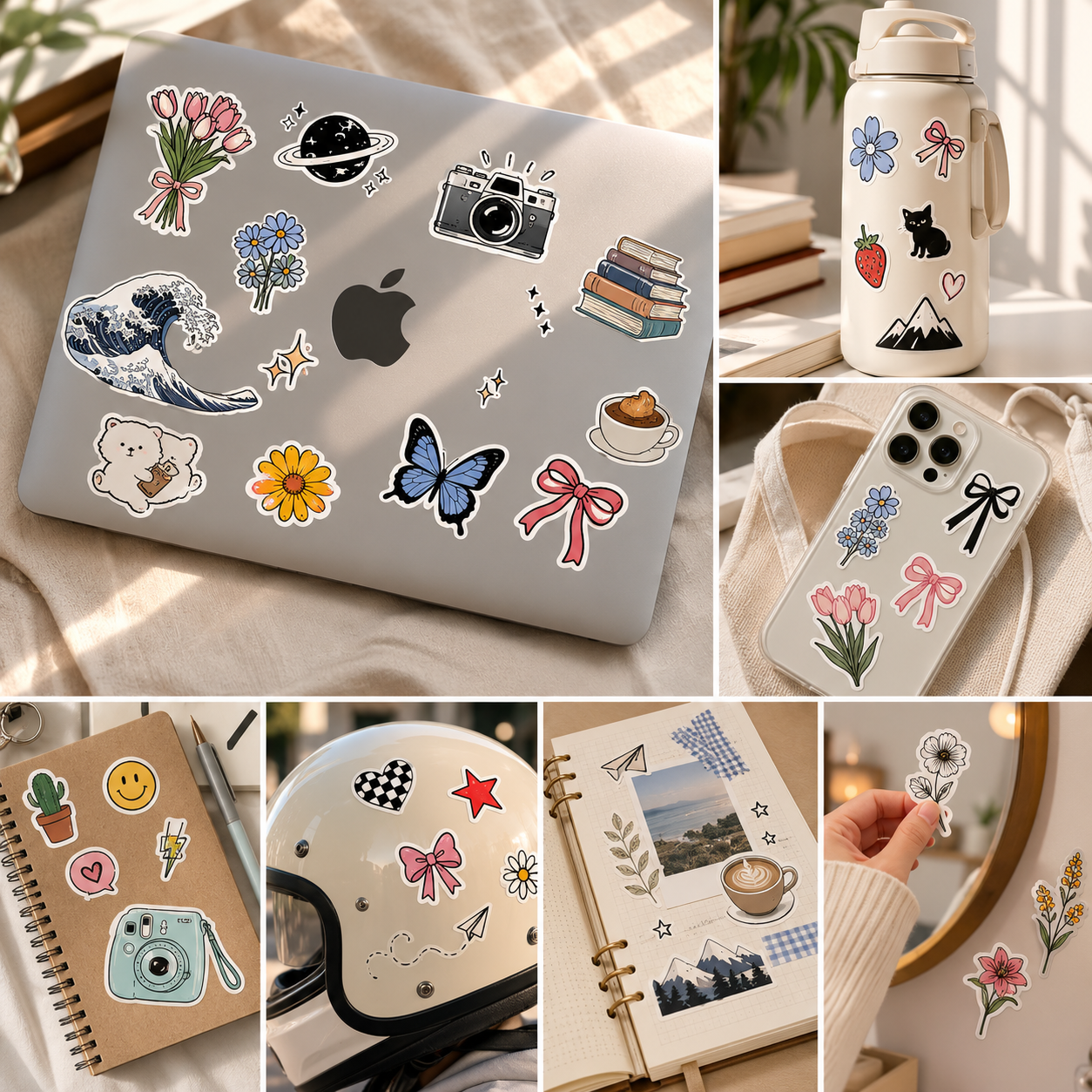 Stickkar stickers on a laptop, water bottle, phone and notebook